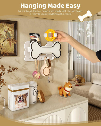 MTERSN Dog Leash Holder for Wall with Key Hooks for Dog Gear Storage, Brown | 3D Puppy Paw Hooks, Doggie Bone Shape, Key Rack with 5 Hooks, Wall Shelf for Treats & Dog Food, Ideal for Wall Decor