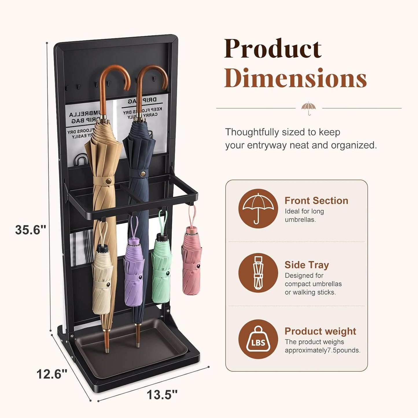Wet Umbrella Stand with Bag Holder, Entryway Organizer with Drip Tray