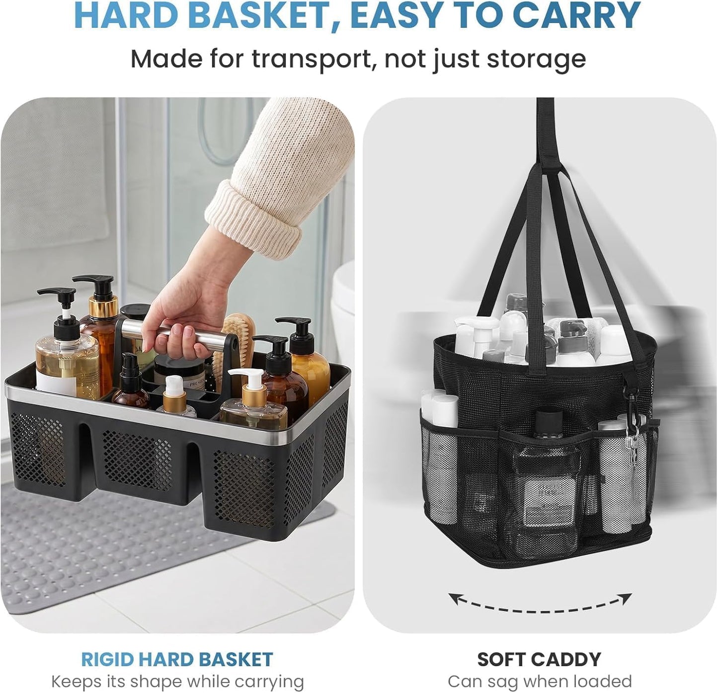 BYUNER Portable Cleaning & Shower Caddy with Handle: Rigid Plastic Basket with 4 Divided Compartments, All-Side Drainage for College Dorm, Bathroom & Utility Use, Black/Gold