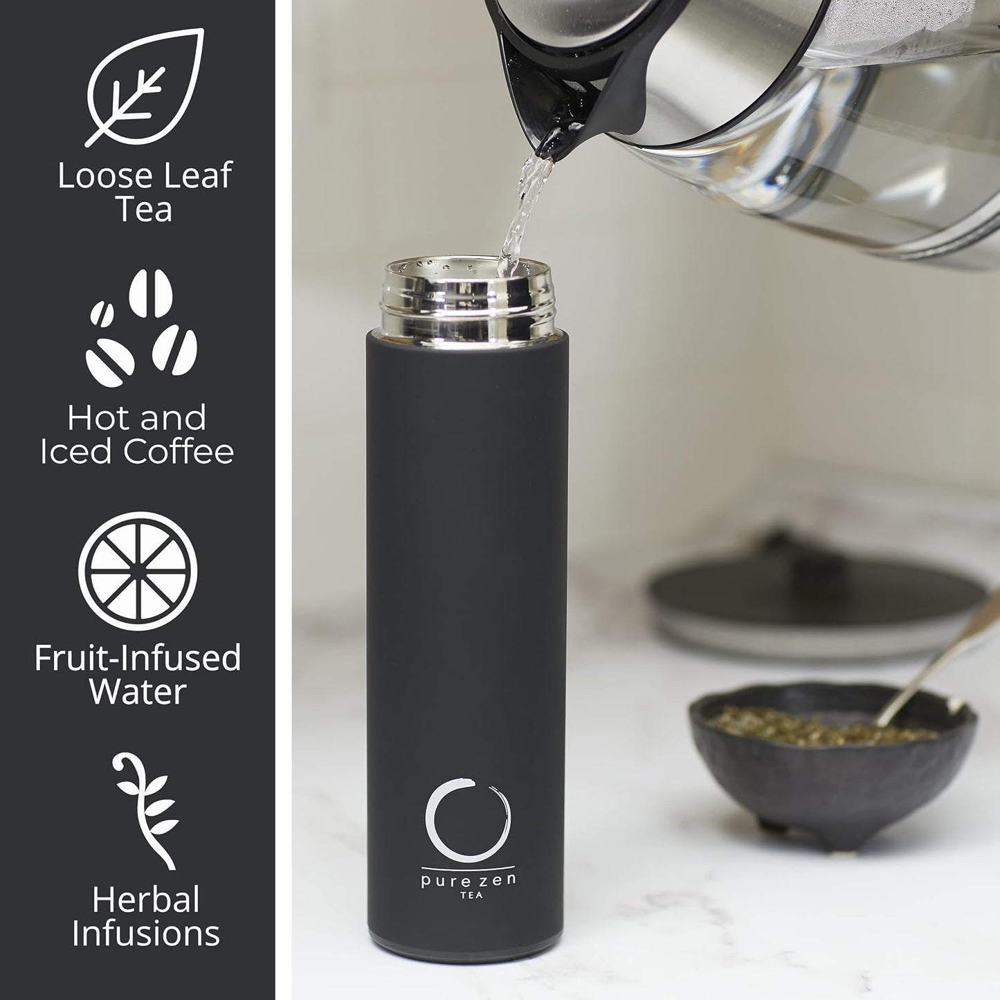 Pure Zen Tea Thermos with Infuser for Hot and Cold Infusions - Stainless Steel - Tea Infuser Bottle - Leakproof Travel Mug with Filter - 15oz - Blue