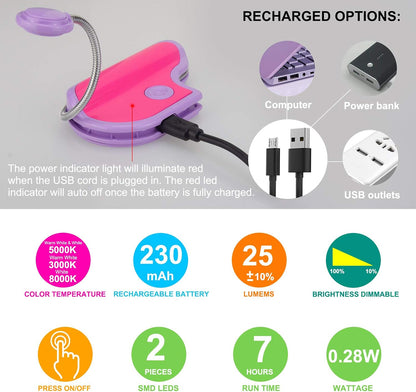 BIGMONAT Rechargeable Book Reading Light in Bed,Dimmable Warm/White Book Light for Kids,Multi Colors Portable LED Reading Lamp with Rotary Light Neck,Wireless Clip on Reading Light for Student(Green)