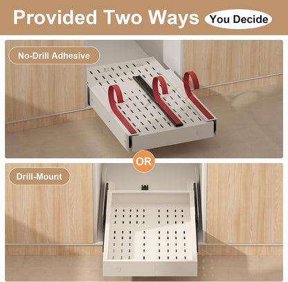 Fokyfok Pull Out Cabinet Organizer,23"-31"W,17"-24"D,Expandable,Adhesive | No Drill,5 Rails,Adjustable Slide out Drawers for Kitchen,Pantry,Roll out Shelves,Cabinets Without Lip,Framless,White,1PC