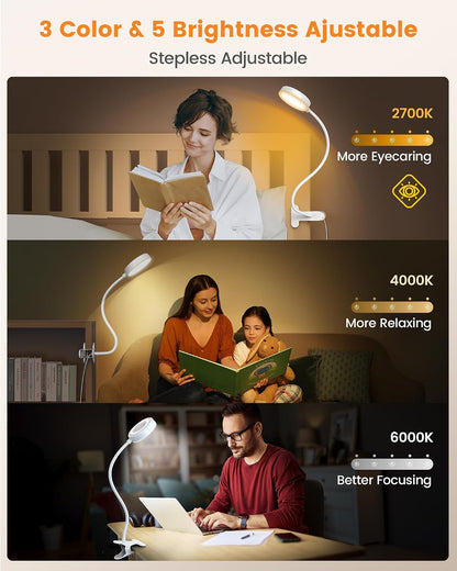 Glocusent 72 LED Desk Lamp, Bed Lamp with Amber Ring& Amber Mode | 3 Colors & 5 Brightness, 2.75" Clamp & 30Min Timer, USB Powered with Remote, Clamp Light for Headboard/Dorm/Bunk/Work/Craft