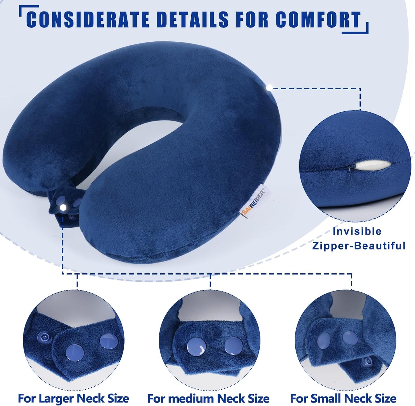 SAIREIDER Travel Pillow 100% Pure Memory Foam Travel Neck Pillow, Airplane Pillow for Traveling、Car、Home、Office，Washable Cover（Black）