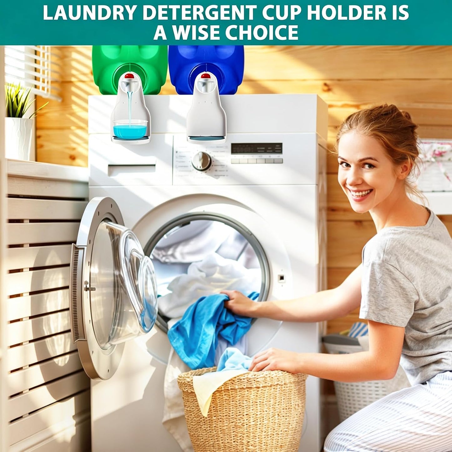 Detergent Drip Catcher, Laundry Detergent Cup Holder with Drip Catcher and Nozzle Switch, Fabric Softener Drip Tray for Liquid Detergent and Softener Bottles