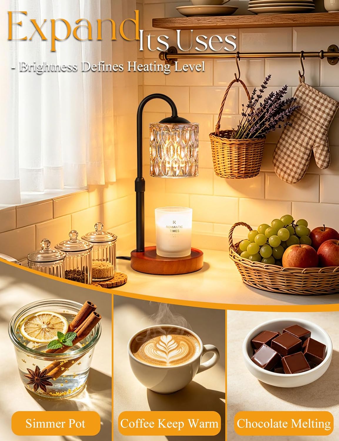 Briever Dimmable Candle Warmer Lamp with Timer, Height Adjustable Electric Candle Wax Warmer, Christmas Birthday Gifts for Women Mom, House Warming Gifts New Home Room Decor, Black Solid Wood Base
