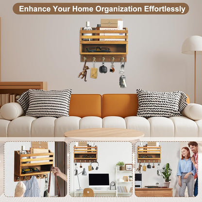 Key Holder Wall Mount with Mail Organizer, 5 Key Hooks, Brown | Wood Mail Organizer Wall Mounted with 5 Key Hooks & Storage Box and Mail Organizer for Entryway, Apartment, Home and Office
