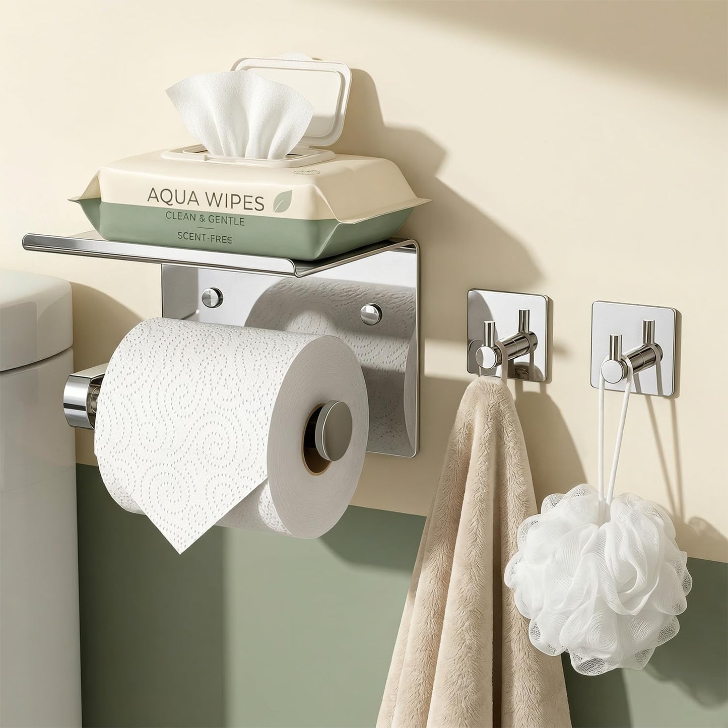 Tindbea Toilet Paper Holder Wall Mount + Towel Robe Hooks, Adhesive or Screw Wall Mounted Toilet Paper Roll Holder with Shelf, Stainless Steel Bathroom Organizers and Storage Kit (Brushed Gold)