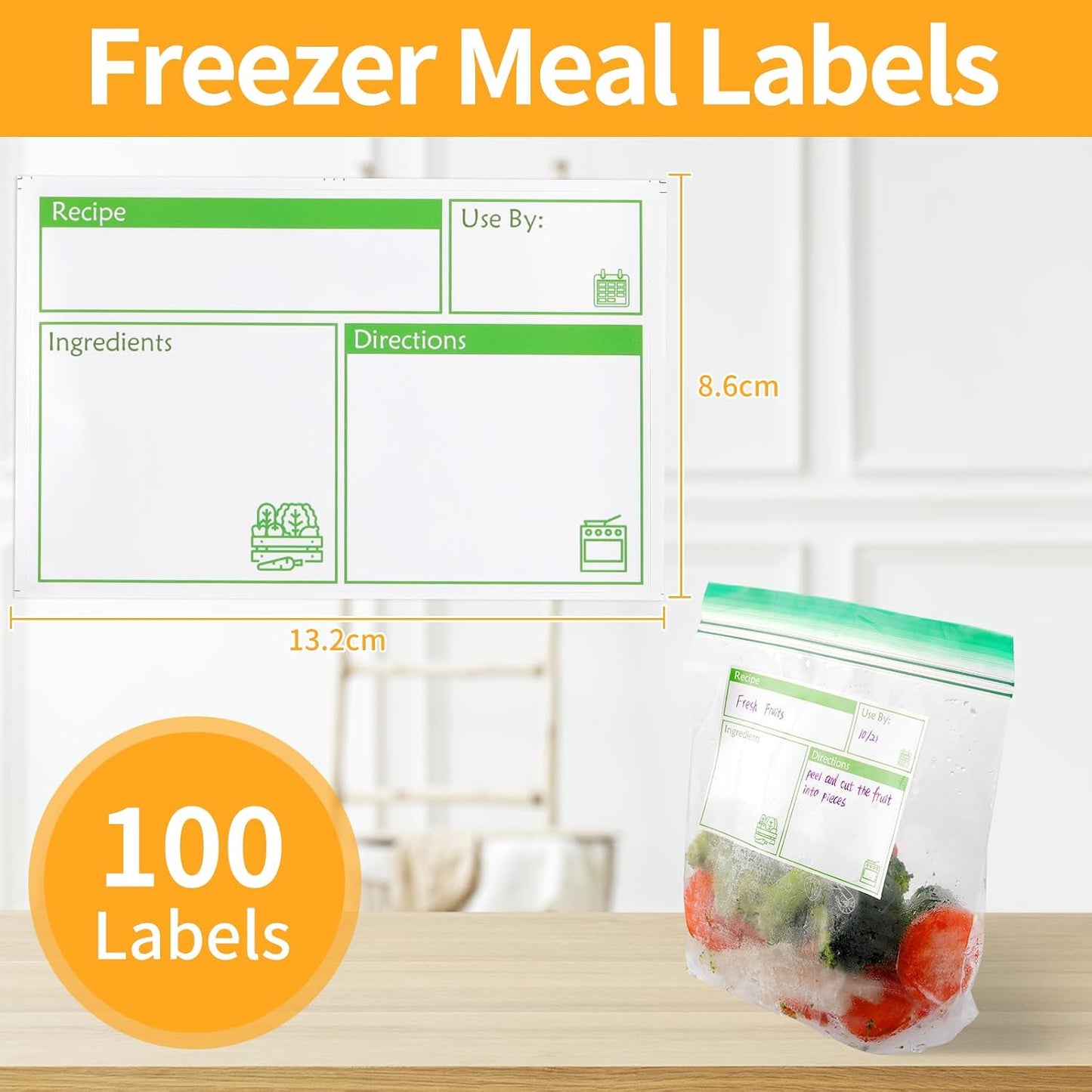 100pcs Labels for Freezer Bags Freezer Meal Labels with Instructions 3.2 X 5 inch Oil and Water Resistant Labels Food Labels for Freezer Storage for Leftovers in Fridge Removable Freezer (Blue)