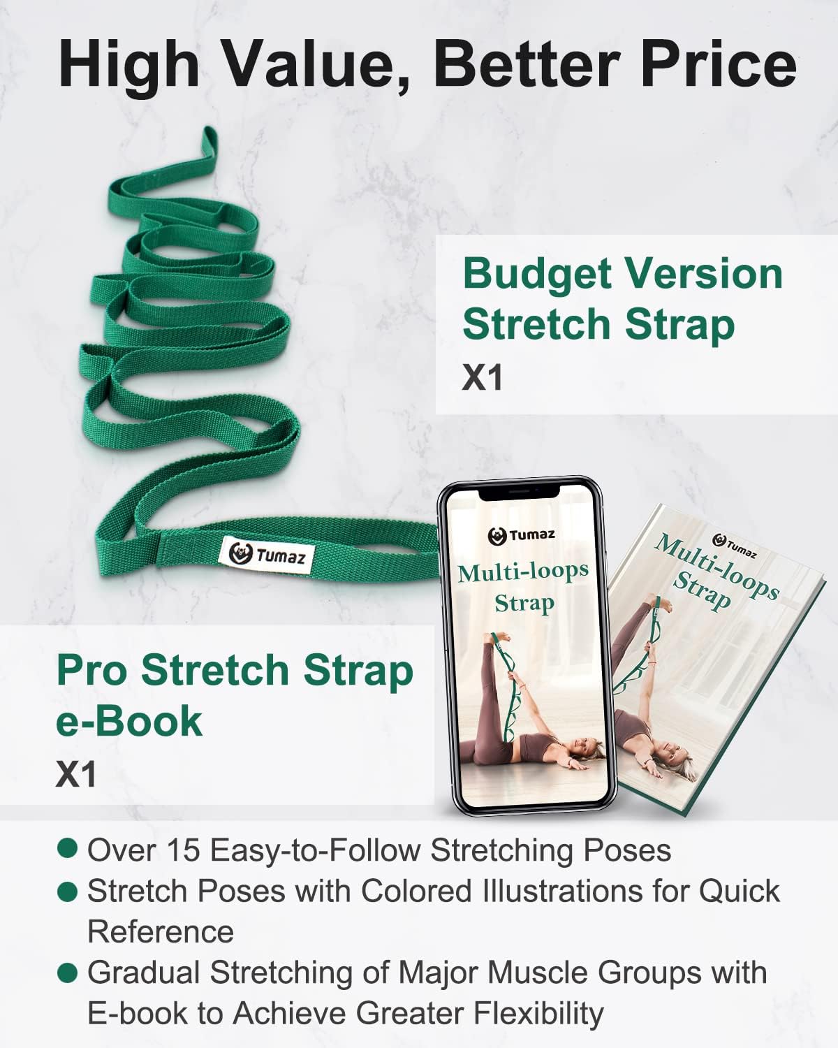 Stretching Strap, 10-Loop Non-Elastic Yoga Strap | Designed for stretching, yoga, Pilates and rehab with 10 loops, durable webbing and a longer 79-inch design