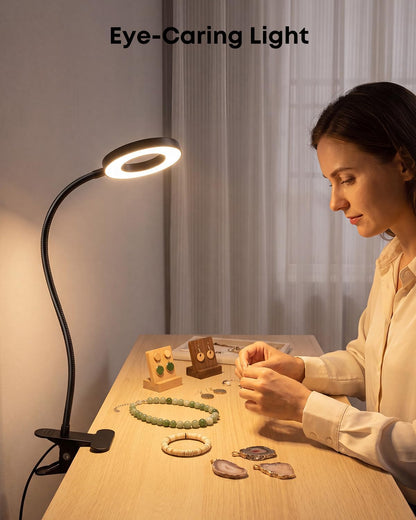 Clip on Desk Lamp, 5W LED Reading Light, 400 Lumens Book Light, 3 Color Modes 6 Brightness Levels, USB Powered Adjustable Neck Lamp for Desk, Bedside, Study, Office