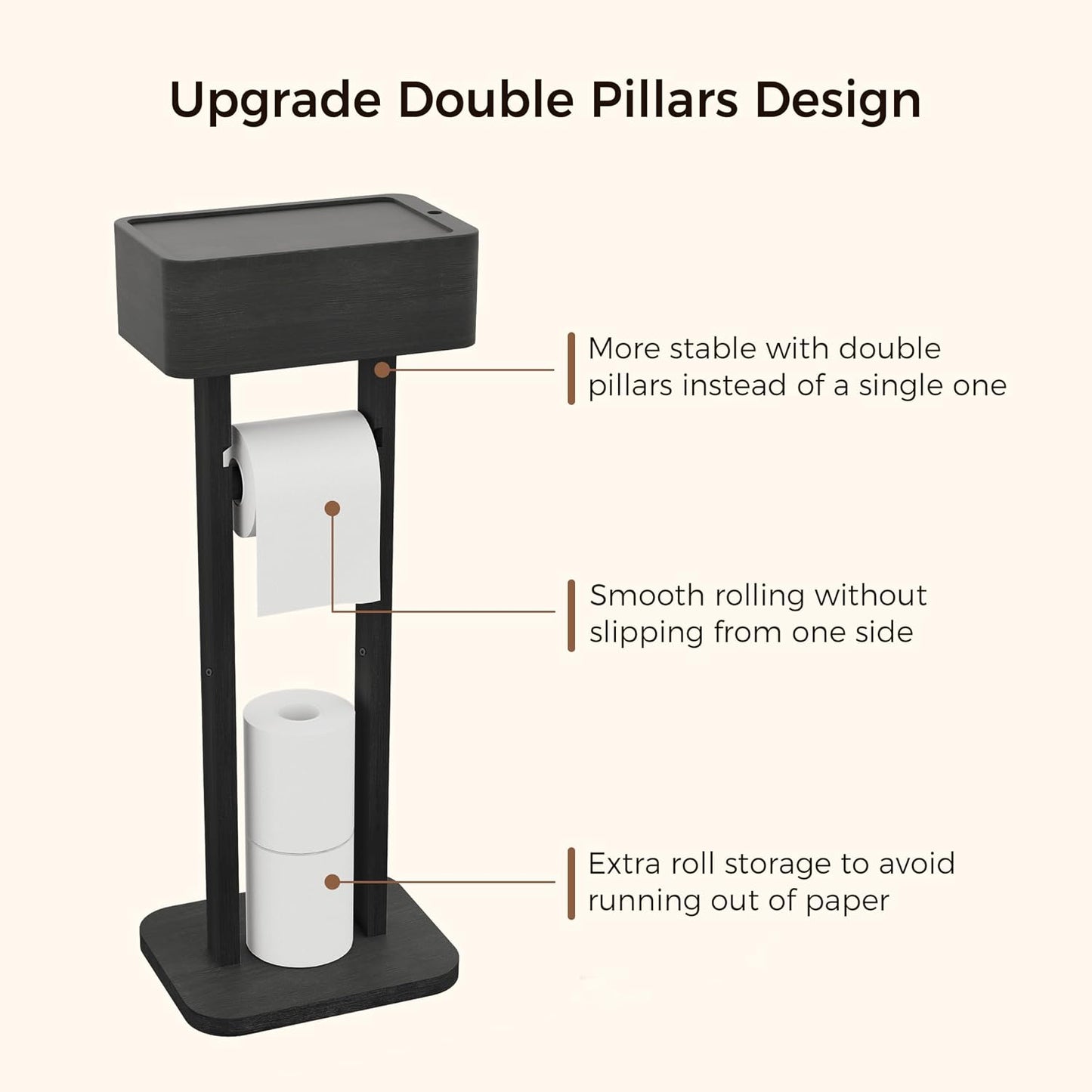 4-in-1 Black Toilet Paper Holder Stand with Storage Shelf Box, 360° Rotating Bamboo Free Standing Toilet Tissue Roll, Toilet Wipes Dispenser Organizer, Temporary Desktop for Bathroom (Patent) | 360° Rotating Bamboo Free Standing Toilet Tissue Roll,