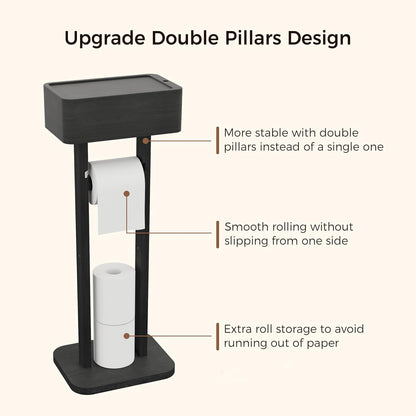 4-in-1 Black Toilet Paper Holder Stand with Storage Shelf Box, 360° Rotating Bamboo Free Standing Toilet Tissue Roll, Toilet Wipes Dispenser Organizer, Temporary Desktop for Bathroom (Patent) | 360° Rotating Bamboo Free Standing Toilet Tissue Roll,