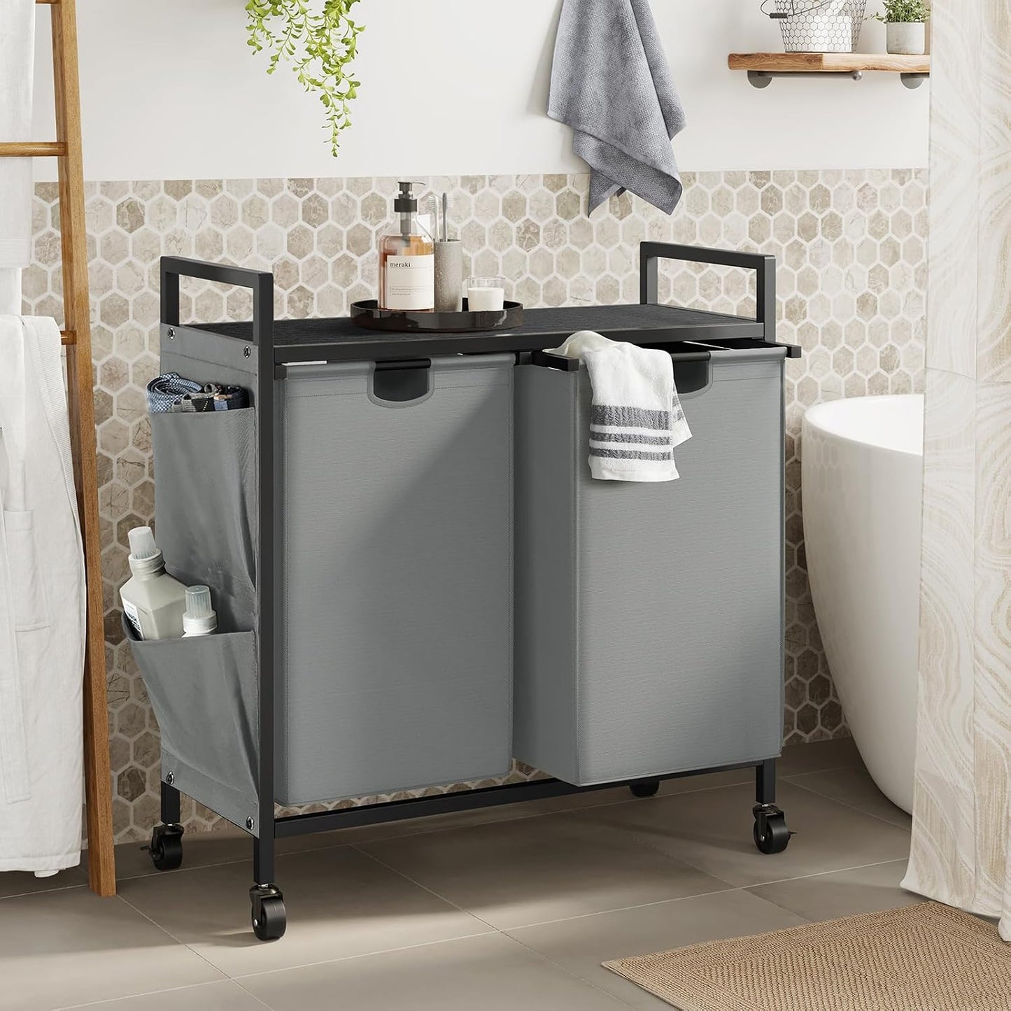 WOWLIVE Double Laundry Hamper with Wheels, Rolling Laundry Basket Organizer | Laundry Hamper 2 section with Lid, Iron-Made Laundry Sorter with Shelf, Removable Bags, Large Clothes Storage, White