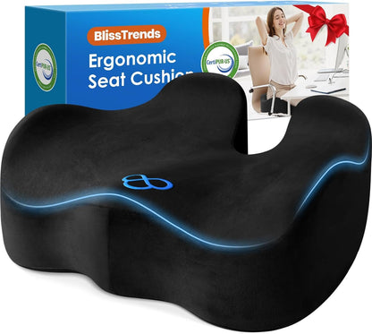 BlissTrends Memory Foam Seat Cushion for Office Chair & Car Seat, Black | 4.7in Ergonomic Tailbone & Sciatica Support with Removable Velvet Cover for Pressure Relief and Long Sitting Comfort