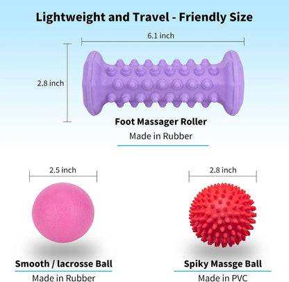 Foot Massager Roller Set for Plantar Fasciitis, Arch and Heel Pain Relief | Includes Foot Roller, lacrosse and spiky massage balls for deep tissue trigger point muscle therapy and neuropathy relief