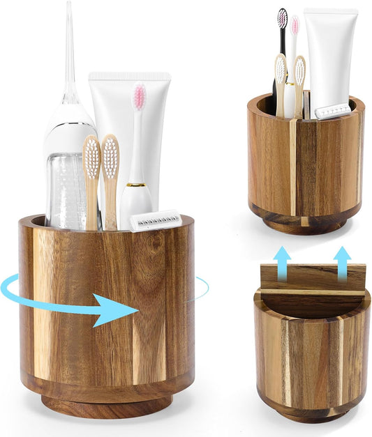 Toothbrush Holder for Bathrooms,Toothbrush Holders,Acacia Wood | Four Drainage Holes,Removable Divider,360° Rotating,Space-Saving,Toothbrush and Toothpaste Holder for Bathroom Countertop