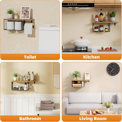 VITVITI Toilet Paper Holder with Shelf, Wall Mounted Storage Basket, Brown | Farmhouse Wall Mount Toilet Paper Holder Shelves, Wood Metal Toilet Roll Wipes Holder for Bathroom