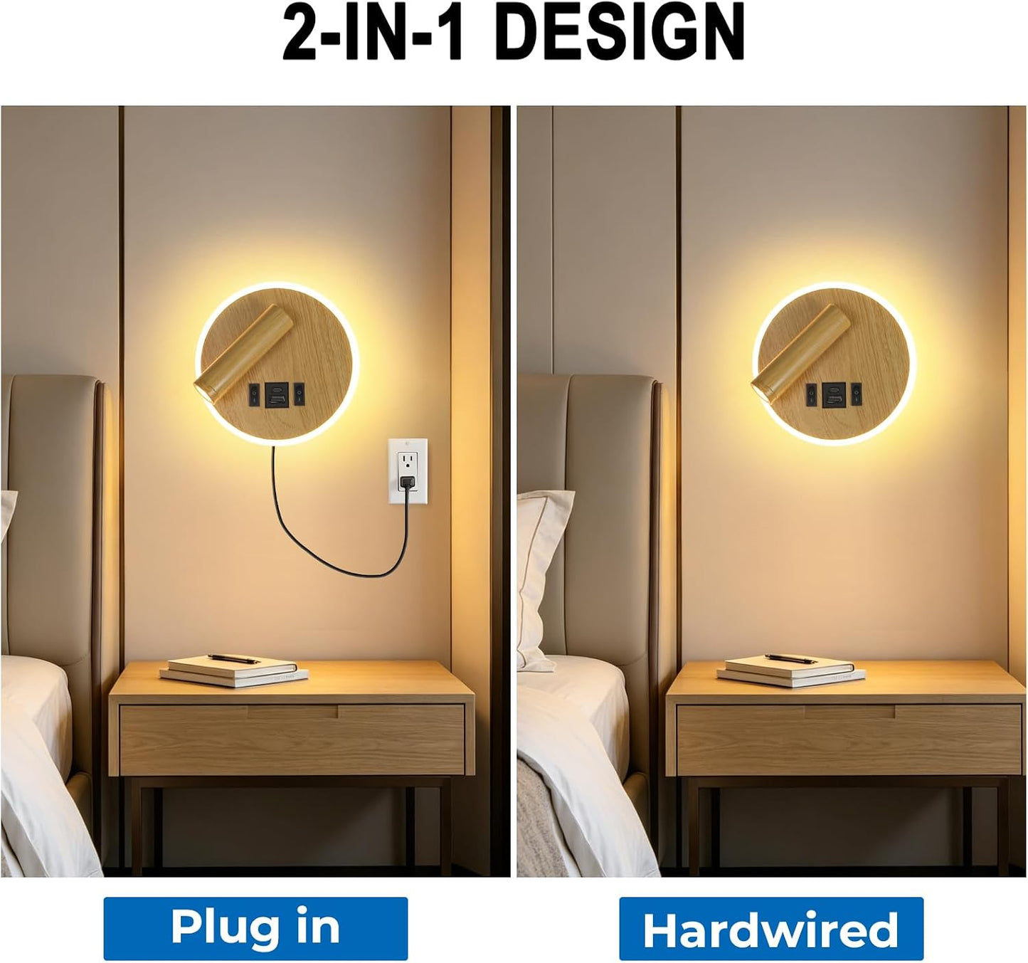 Plug in Wall Sconce with Wall Mounted Reading Lights with Switch | Wall Lamp for Bedroom with Charging Station USB C+A Ports,Bunk Bed Lights with 3W+9W Night Light,Walnut Color Reading Light