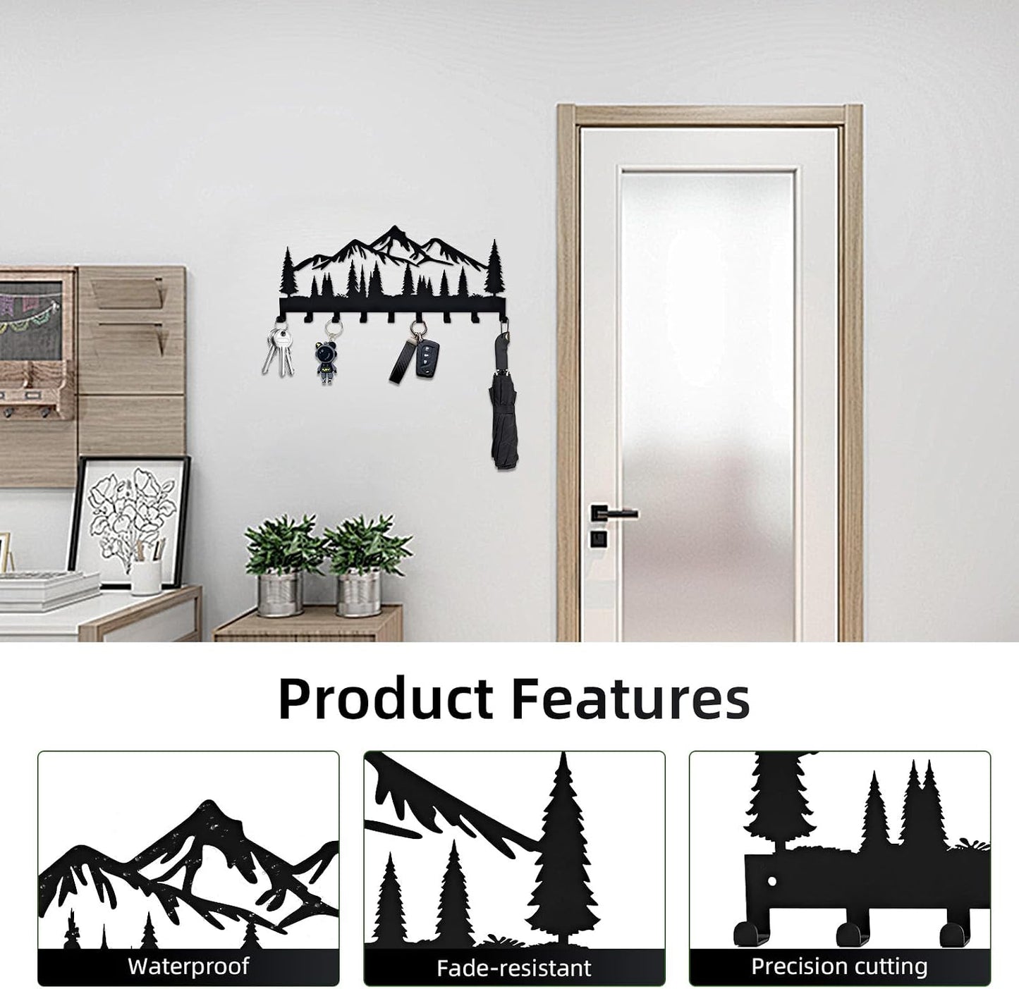 Key Holder for Wall, Metal Decorative Wall Mounted Mountain Key and Mail Holder with Shelf, 2 in 1 Key Hooks for Entryway, Front Door, Hallway, Key Organizer and Key Rack (10 Inches)