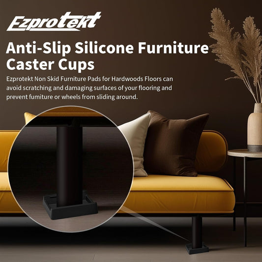Ezprotekt Rectangle Rubber Caster Cups, 4 Pcs Non Slip Furniture Pads, 2.9" x 2.3" Anti-Slip Furniture Gripper, Furniture Stoppers to Prevent Sliding, Wheel Stoppers for Rolling Furniture (Black)
