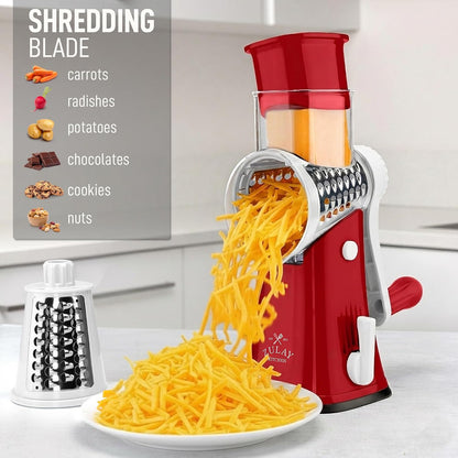 Zulay Kitchen Rotary Cheese Grater 5 Blade Cheese Shredder - Manual Hand Crank Cheese Grater With Reinforced Suction & 5 Interchangeable Drums - Easy to Use, Vegetable Chopper Round Mandoline Slicer - Colors A
