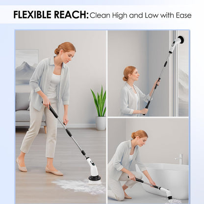 Electric Spin Scrubber for Cleaning, Cordless Power Scrubber with Long Handle, 10 Replaceable Brush Heads, 2-Speed, IPX7 Waterproof for Bathroom, Shower, Tub, Tile & Kitchen