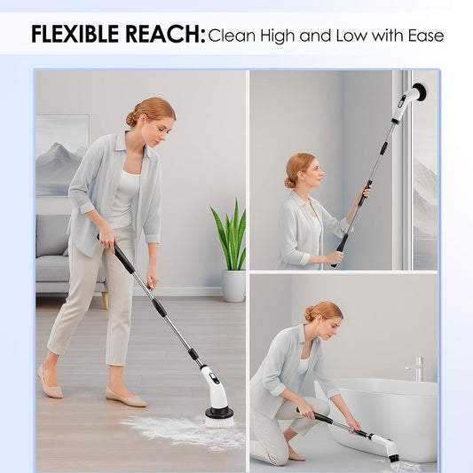 Electric Spin Scrubber for Cleaning, Cordless Power Scrubber with Long Handle, 10 Replaceable Brush Heads, 2-Speed, IPX7 Waterproof for Bathroom, Shower, Tub, Tile & Kitchen