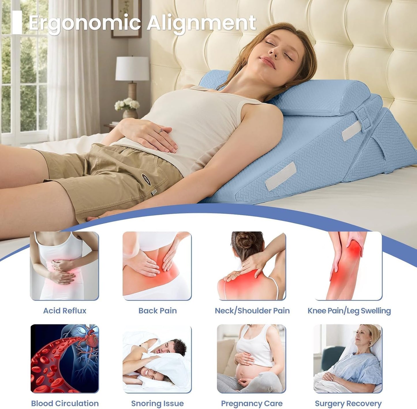 Sasttie Adjustable Wedge Pillow Set for After Surgery, Dark Grey & White | Bed Wedge Pillow Headboard with Memory Foam Neck Cushion, for Acid Reflux, Sleeping, Neck & Back Support