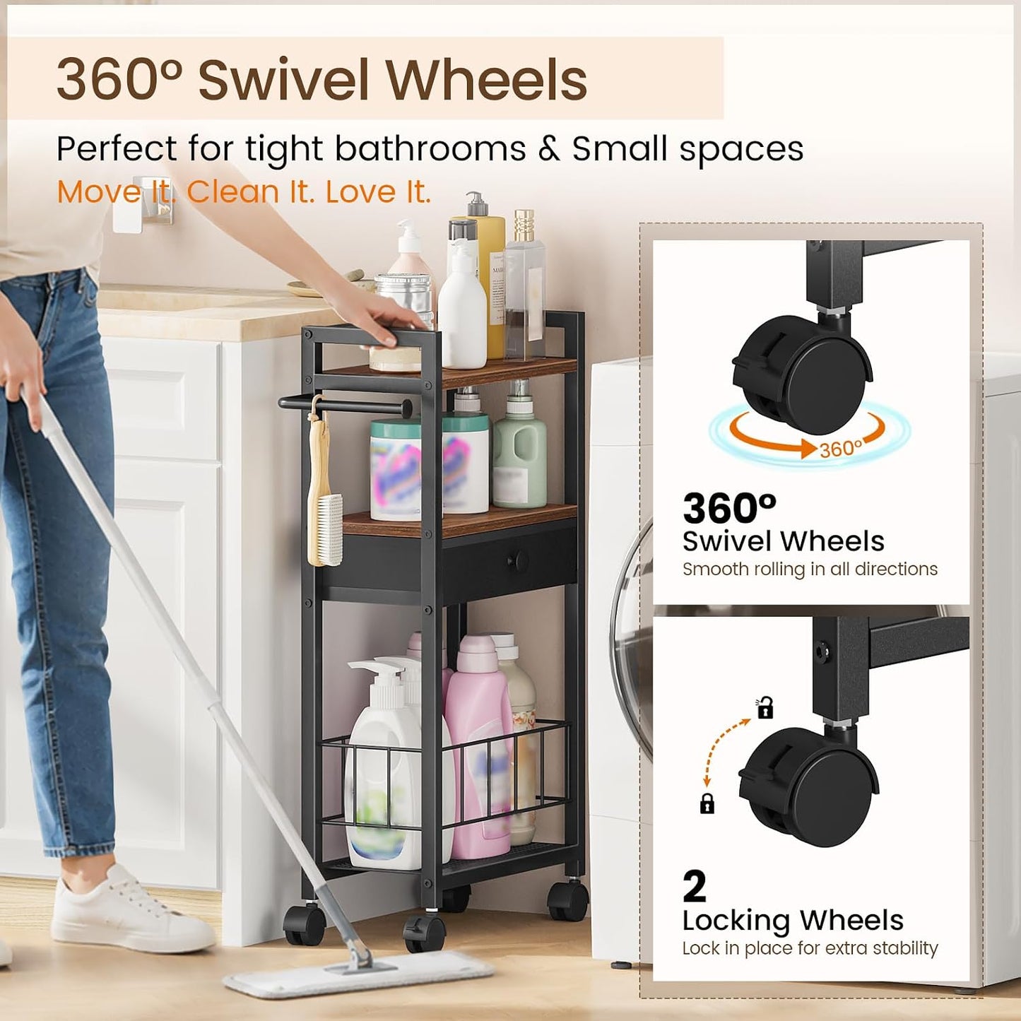 Snughome Freestanding Toilet Paper Holder with Storage Drawer, 4-Tier Rolling Toilet Paper Holder Stand with Wheels, Shelf & Basket, Bathroom Magazine Rack for Phone & Extra Rolls (Rustic Brown)