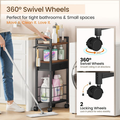 Snughome Freestanding Toilet Paper Holder with Storage Drawer, 4-Tier Rolling Toilet Paper Holder Stand with Wheels, Shelf & Basket, Bathroom Magazine Rack for Phone & Extra Rolls (Rustic Brown)