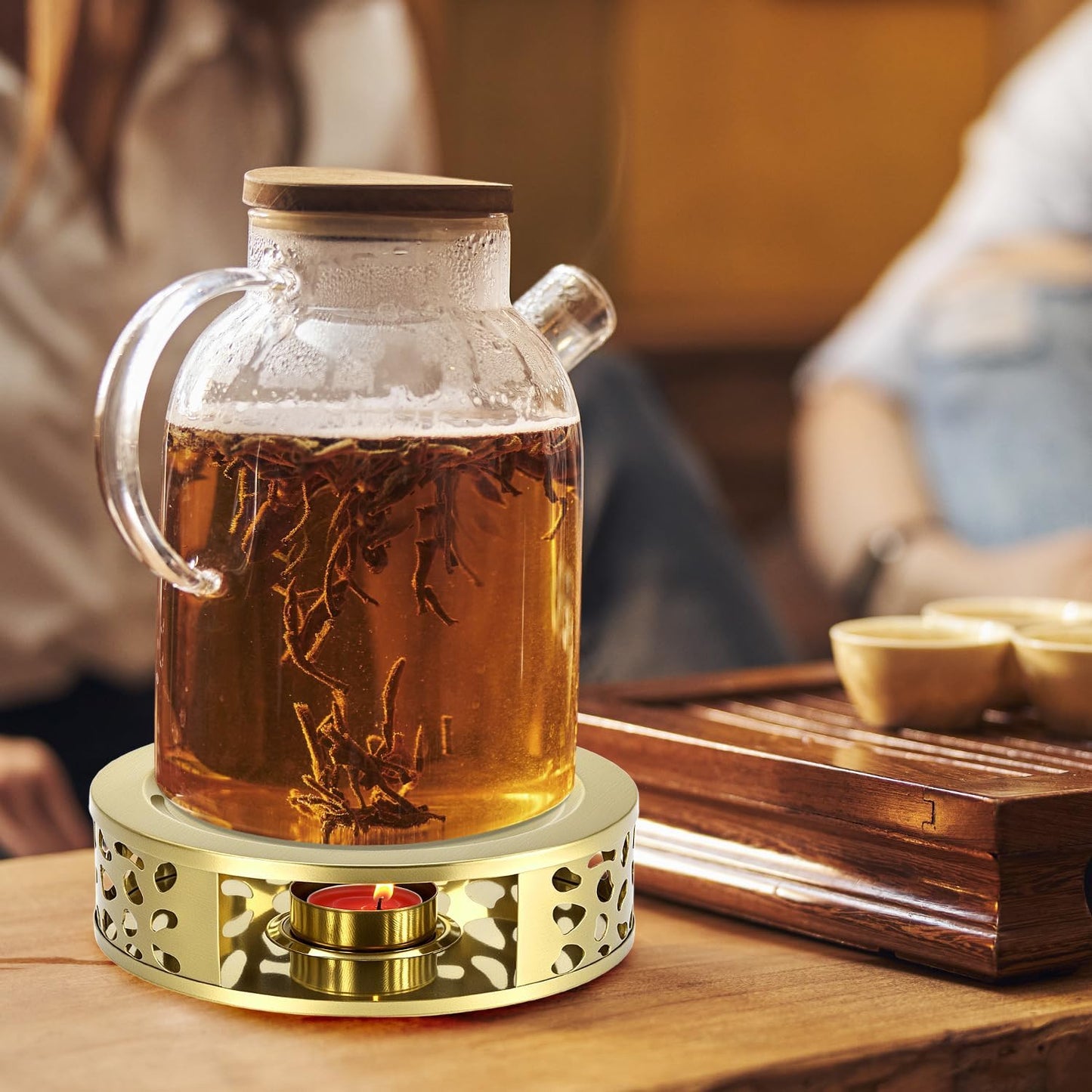 QWORK Tea Kettle Warmer, Brushed Stainless Steel Tea Kettle, Hollow Frame, with Tea Candle Holder, Fits Most Teapots, Gold