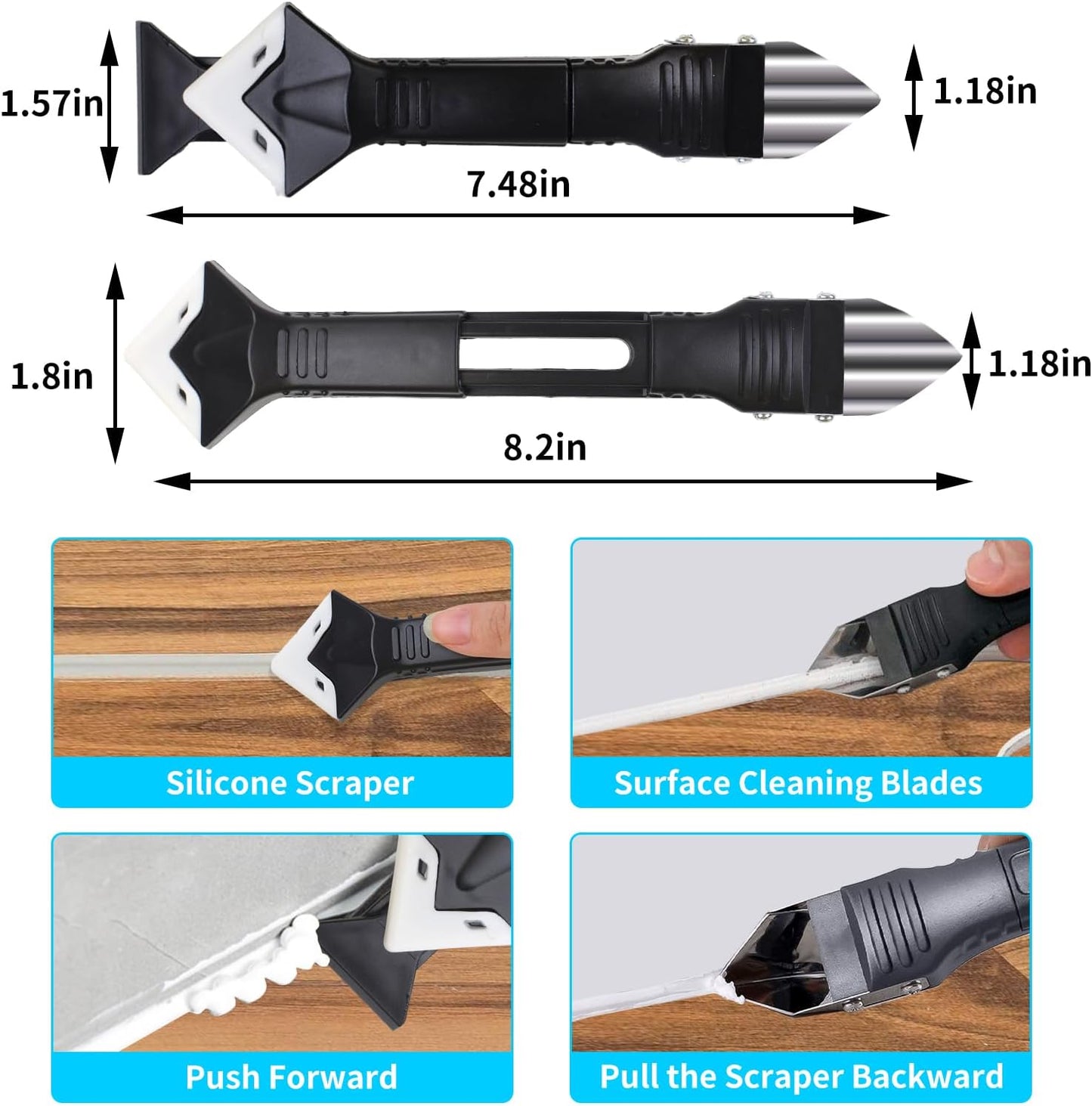 11Pcs Silicone Caulking Tools 3 in1 Grout Removal Tool Grout Remove Scraper | 5 Silicone Replaceable Pads,4 Glass Glue Angle Scraper, Caulk Remover for Kitchen/Bathroom/Window/Joint