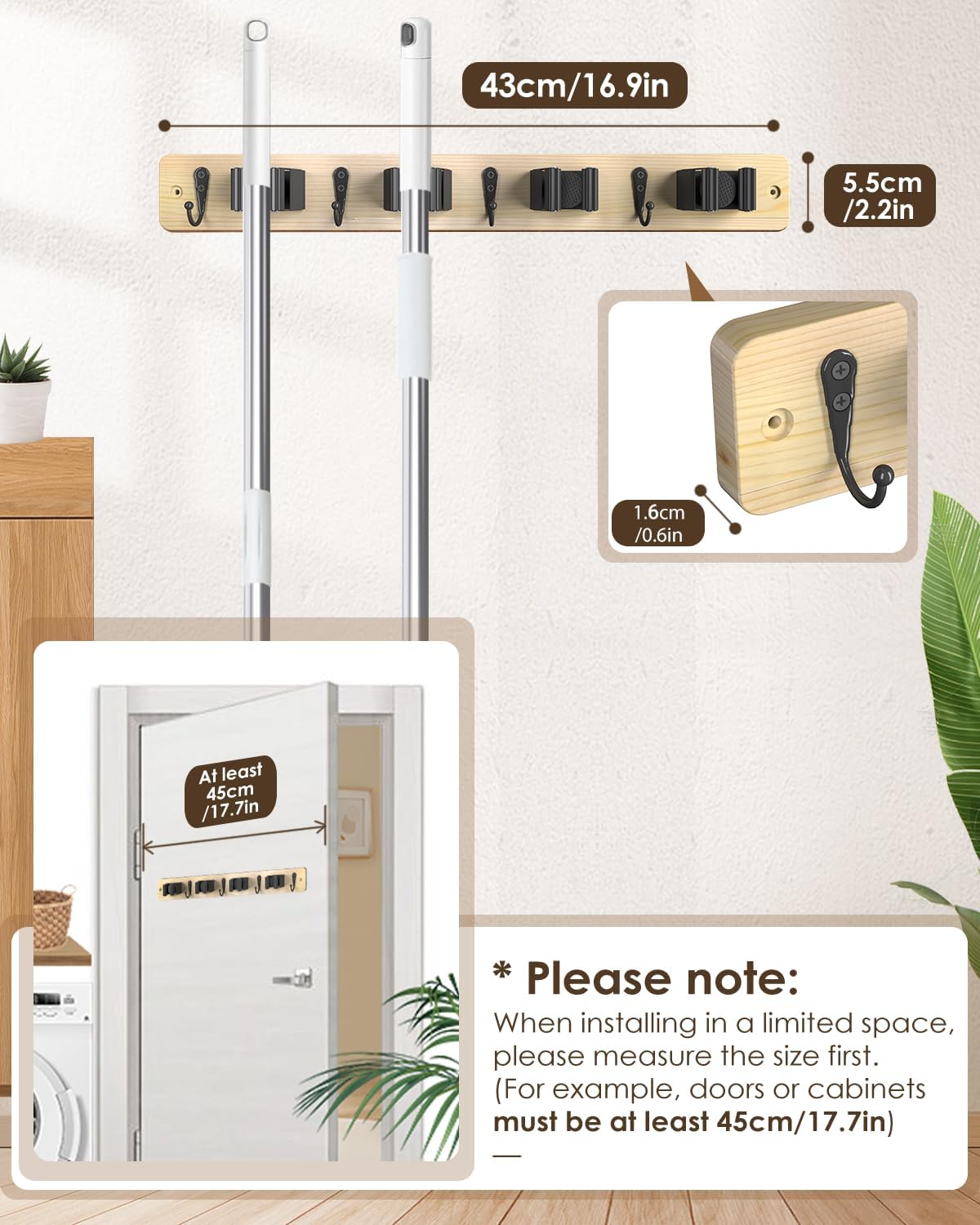 Broom Holder Wall Mount, 4 Holders 4 Hooks Mop and Broom Organizer | Mop Holder Wall Mount and Broom Hanger for Garage, Laundry Room, Kitchen and Utility Storage