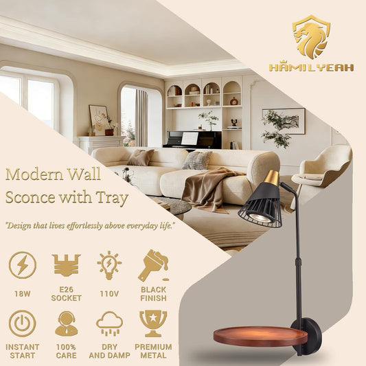 Hamilyeah Cordless Wall Sconce with Shelf, Industrial Battery Operated Wall Lamp with Rechargeable 15-Color RGB Bulb, Remote Control Dimmable Wall Light, Floating Wooden Shelf for Bedroom Living Room