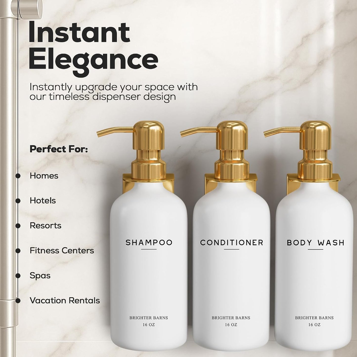 White Shampoo and Conditioner Dispenser Set Wall Mounted by Brighter Barns - Shower Dispenser 3 Chamber No Drill - Refillable Shampoo and Conditioner Bottles for Shower Wall in Airbnb, Hotel (White)