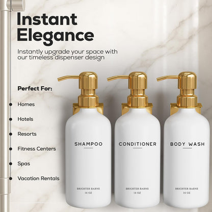 White Shampoo and Conditioner Dispenser Set Wall Mounted by Brighter Barns - Shower Dispenser 3 Chamber No Drill - Refillable Shampoo and Conditioner Bottles for Shower Wall in Airbnb, Hotel (White)