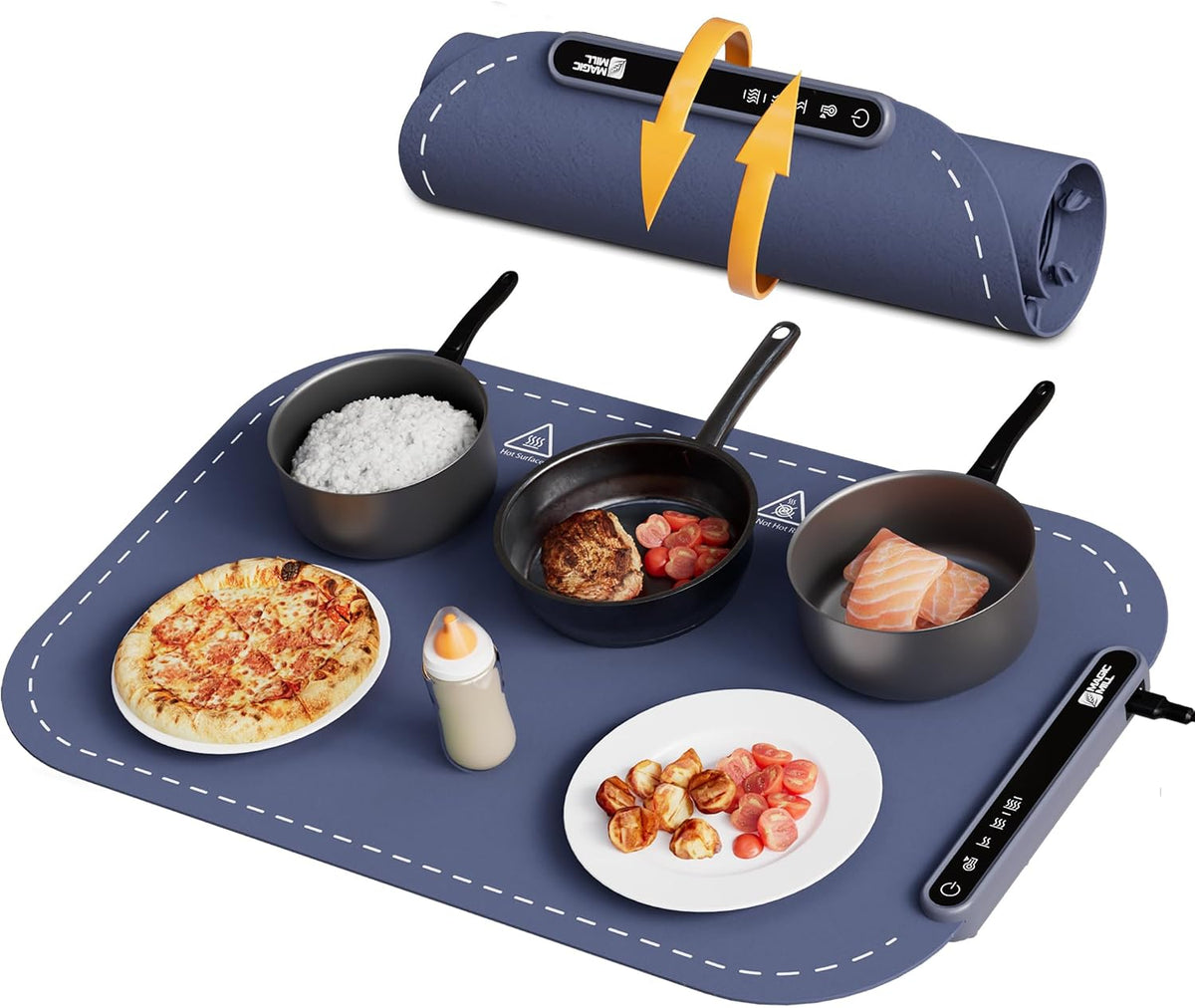 Magic Mill Warming Mat for Food - Premium XL Electric Warming Tray, 3 Temperature Levels, 10s Fast Heating Silicone Surface, Rollup Buffet Heat Pad, Non-Slip Feet, Ideal for Parties, Home, Travel