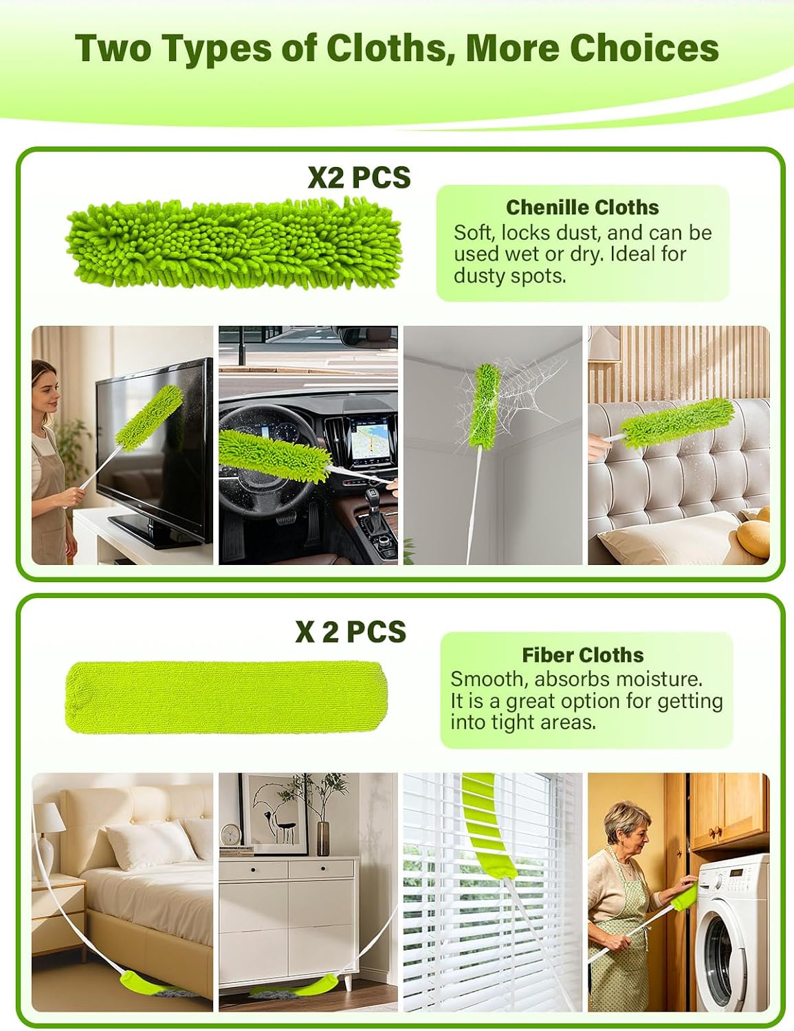 Bend-Free Gap Dust Cleaner Cleaning Tools Washable Flat Duster Brush with 4 Microfiber Chenille Dusting Cloths Long Handle 56 inches for Cleaning Under Appliances Furniture Couch Bed Fridge