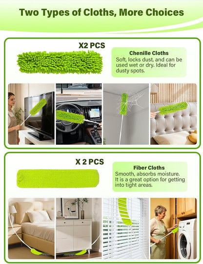 Bend-Free Gap Dust Cleaner Cleaning Tools Washable Flat Duster Brush with 4 Microfiber Chenille Dusting Cloths Long Handle 56 inches for Cleaning Under Appliances Furniture Couch Bed Fridge
