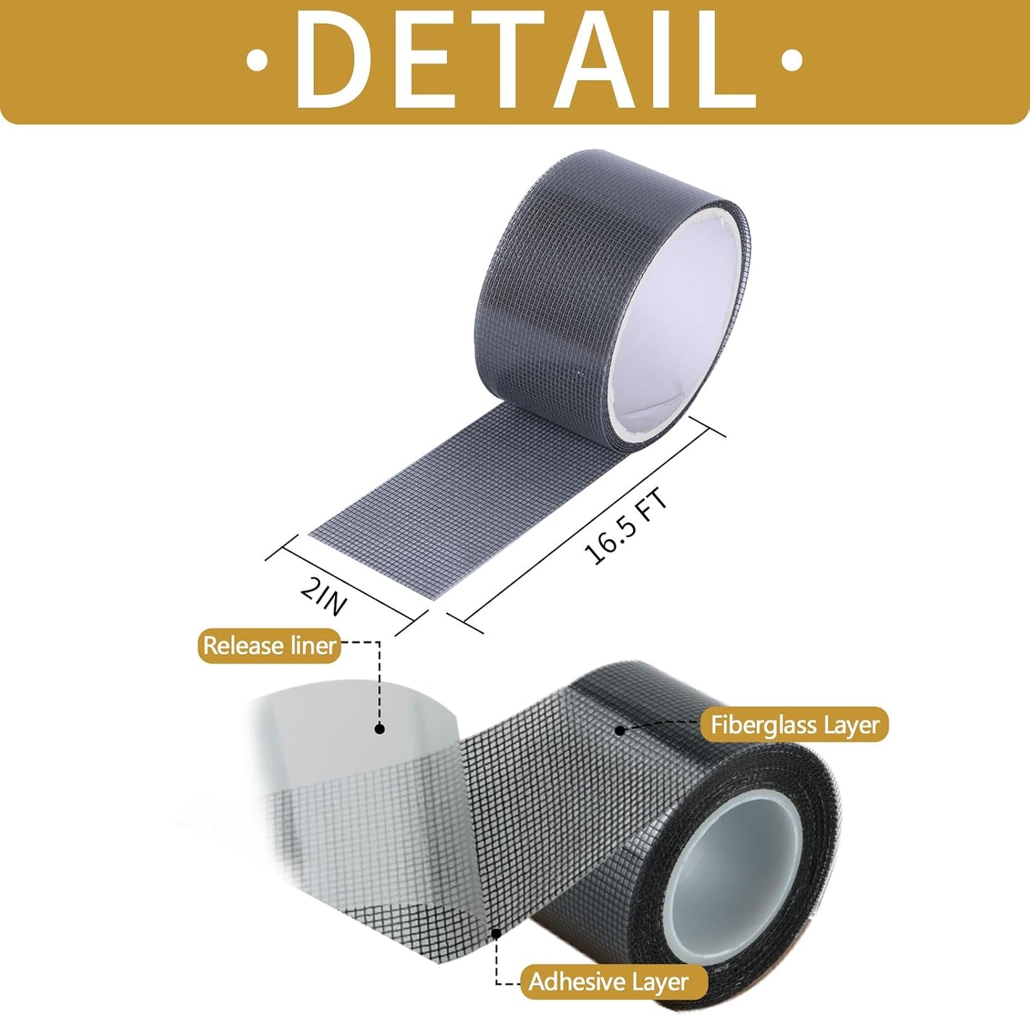 Window Screen Repair Kit 16.5FT 3-Layer Strong Adhesive & Waterproof Tape Fiberglass Covering mesh-Screen Door Patch Repair Kit for Windows or Doors-Ease-Installation Fiberglass Covering Mesh (Gray)