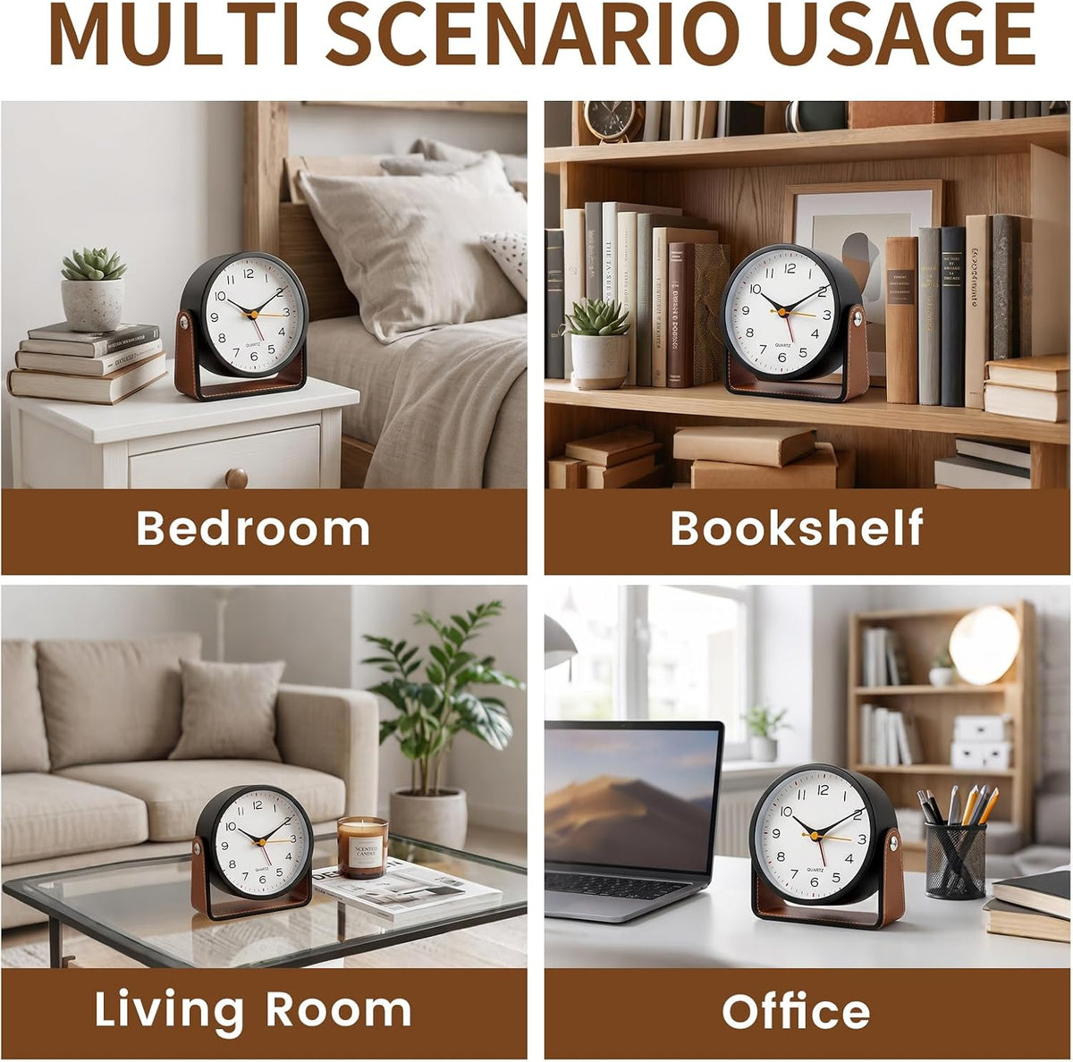 Analog Alarm Clock - 4.5" Silent Non Ticking Small Clock with Light, Rotatable Stand Metal Desk Clock Battery Operated, Simple Design for Living Room Decor/ Bedroom/Bedside/Shelf (Black & White)