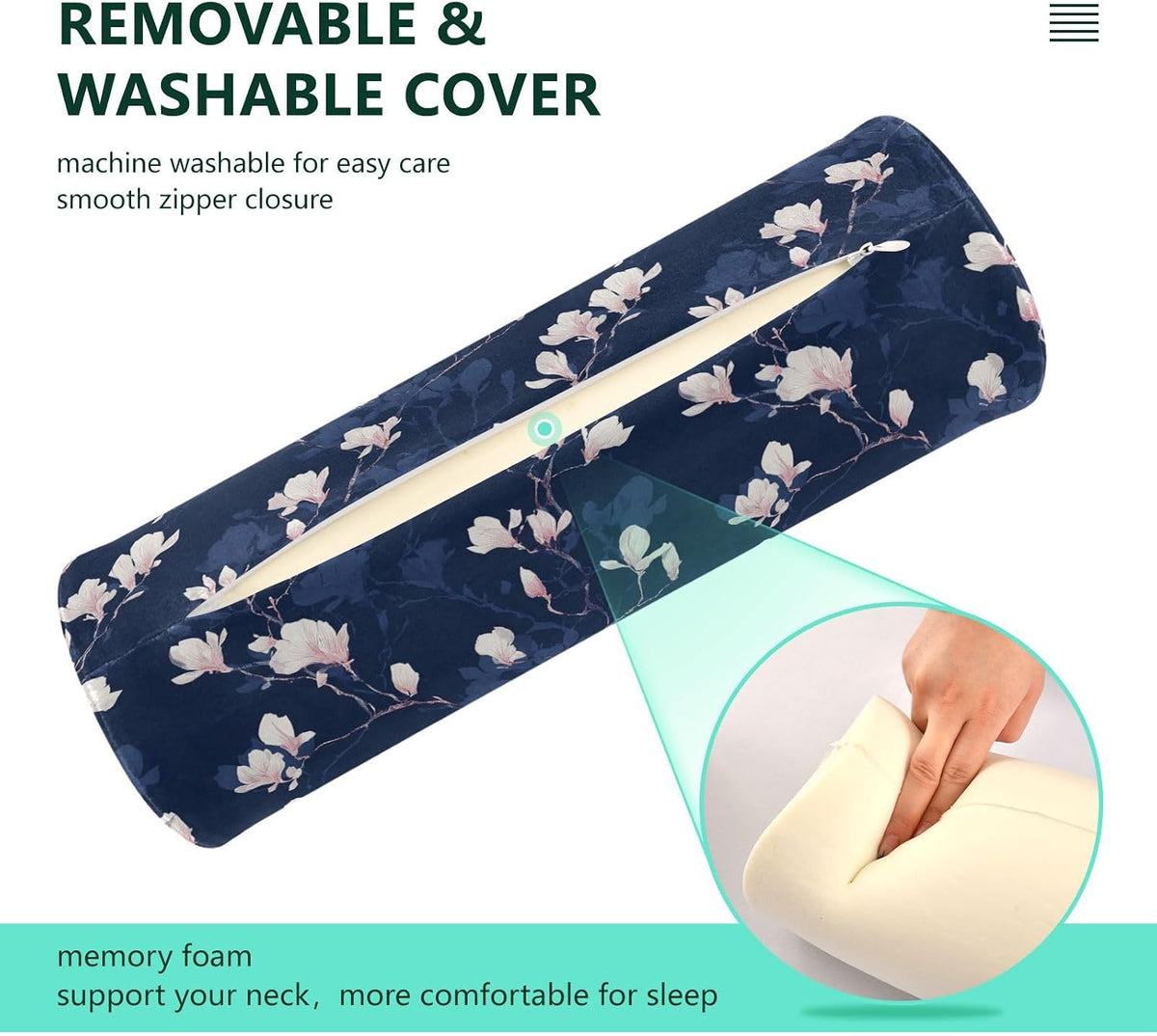 Gredecor Cervical Neck Roll Pillow Magnolia White Flowers on Navy Blue Round Memory Foam Pillows Cylinder Bolster Pillow with Washable Cover, Pain Relief Neck Pillows for Sleeping Support, 5.5x17IN
