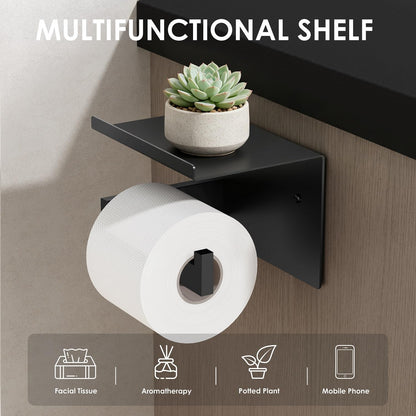 Auxmir Toilet Paper Holder with Shelf, Self Adhesive or Screw Mount, Black | Rustproof SUS304 Stainless Steel with Phone Shelf, Square Anti-Slip Bar, Fits Mega Rolls, Adhesive or Screw Installation