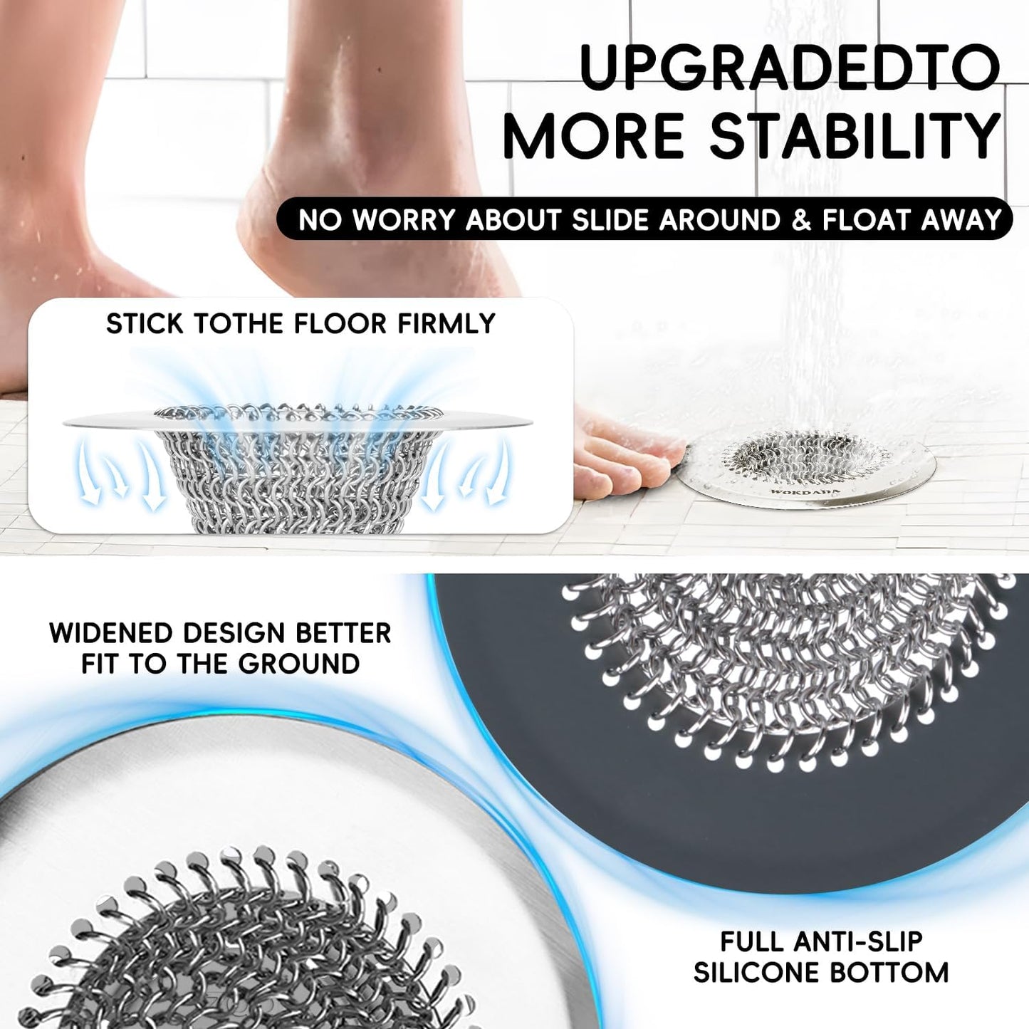 Shower Drain Hair Catcher, Patented Bathtub Drain Cover, Anti-Clog | Reversible Flip Clean, Fast Drainage, Anti-Slip Base, 304 Stainless Steel Chain Mail Mesh, 4.4" for Bathtub & Shower Drains
