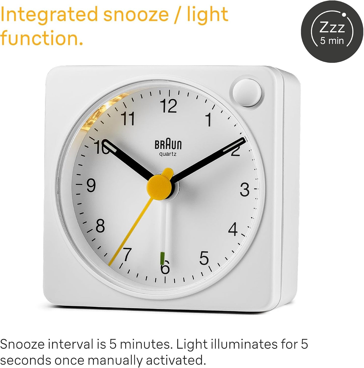 Braun Classic Travel Analogue Alarm Clock with Snooze and Light, Compact Size, Quiet Quartz Movement, Crescendo Beep Alarm in White, Model BC02XW.