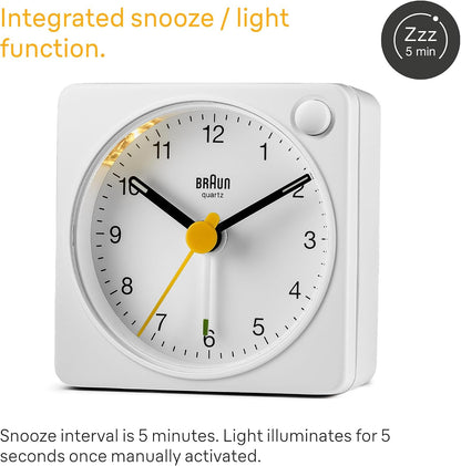 Braun Classic Travel Analogue Alarm Clock with Snooze and Light, Compact Size, Quiet Quartz Movement, Crescendo Beep Alarm in White, Model BC02XW.