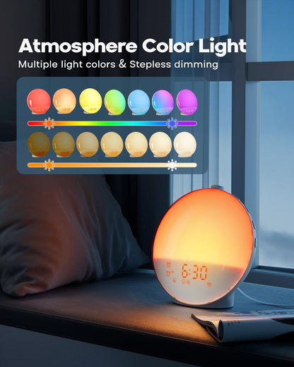Sunrise Alarm Clock for Heavy Sleepers, Wake Up Light with Sunrise/Sunset Simulation, Dual Alarms & Natural Sounds, Snooze & Sleep Aid, FM Radio, 7 Colors Night Light for Bedroom, Ideal for Gift