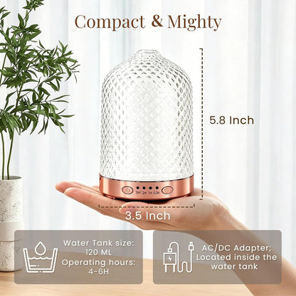 Essential Oil Diffuser for Home, Glass 120 ml | 7 Color Lights, Quiet Aromatherapy Diffuser, Auto Shut-Off & Timer for Bedroom Office, Gifts for Women - Dimond Glass