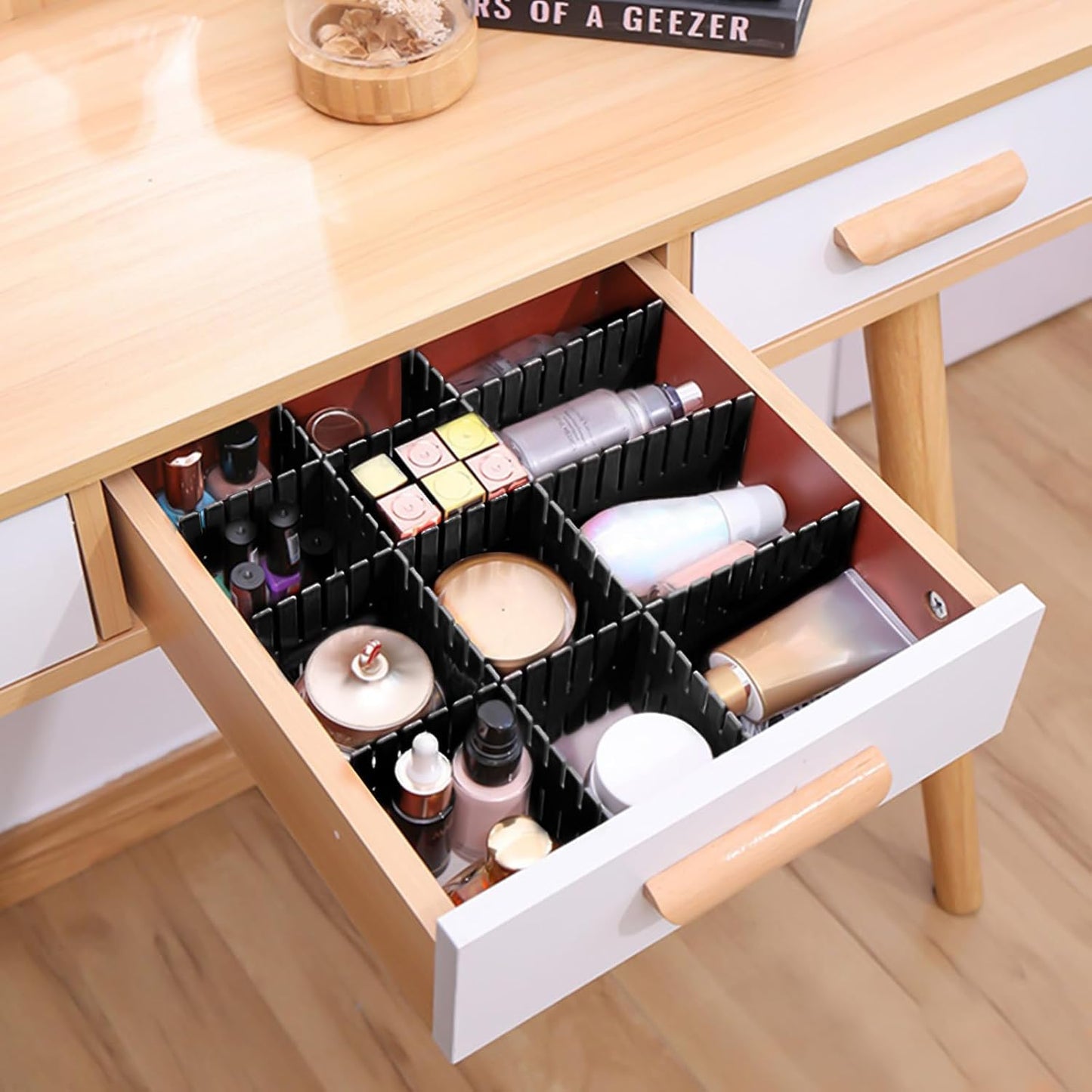 ShineMe Drawer Dividers 8pcs Adjustable Plastic Divider Household Storage Thickening Sub-Grid Finishing Shelves for Home Tidy Closet Stationary Makeup Socks Underwear Scarves Organizer (Black)